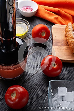 Cooking classic spanish raw eating cold soup Gazpacho. food recipe. healthy concept Stock Photo