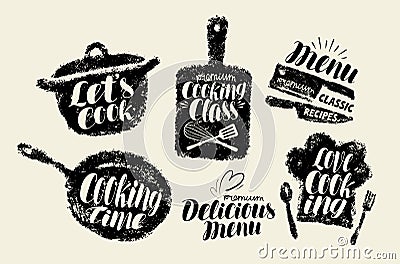 Cooking, cuisine label set. Cookery, kitchen utensils, kitchenware typography. Lettering vector illustration Vector Illustration