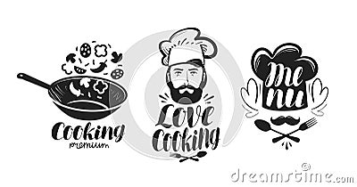 Cooking, cuisine logo. Label set for design menu restaurant or cafe. Handwritten lettering, calligraphy vector Vector Illustration