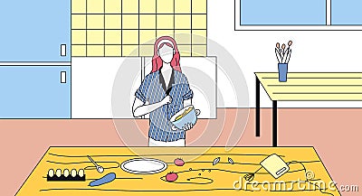 Cooking Culinary Show Concept. Young Girl Cooking Food At Kitchen. Chef Is Preparing And Mixing Ingredients. Housewife Vector Illustration