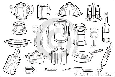 Cooking equipment set, kitchen utensil icons hand drawn vector illustration Vector Illustration