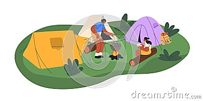 Cooking on fire at camping, tents. Friends couple relaxing at campsite on summer vacation. Campers tourists resting Vector Illustration