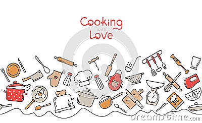 Cooking flat horizontal seamless pattern. Kitchen utensil and appliance cartoon texture. Vector Illustration