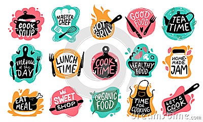 Cooking food lettering. Kitchen badge logos, baking foods typography and cook labels vector set Vector Illustration