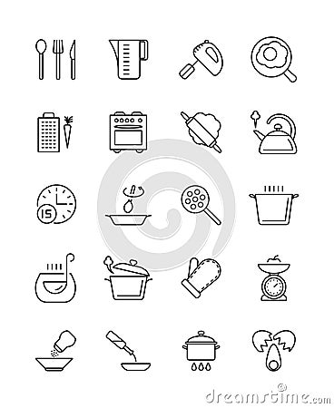 Cooking, food preparation and kitchen tools vector icons Vector Illustration