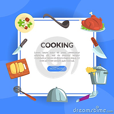 Cooking and Food Preparation with Served Dish on Tray and Kitchen Utensils Vector Template Vector Illustration