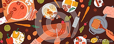 Cooking food, top view. Cook process, ingredients preparation from above. Chefs hands preparing meal, dish, eating Vector Illustration