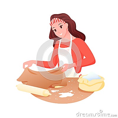Cooking food, woman making dough for baking bread, pizza Vector Illustration