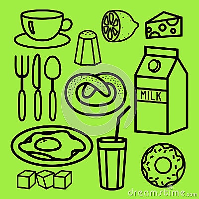 Cooking foods and kitchen outline icons set Vector Illustration