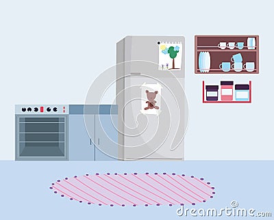 Cooking, fridge stove shelf with bottles sauce food Vector Illustration