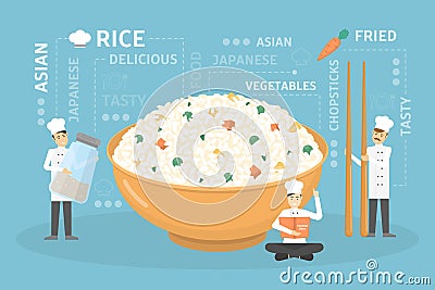 Cooking giant rice bowl. Vector Illustration