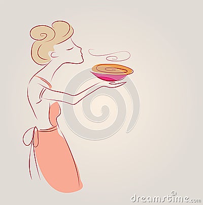 Cooking girl illustration with soup sketch doodle Cartoon Illustration