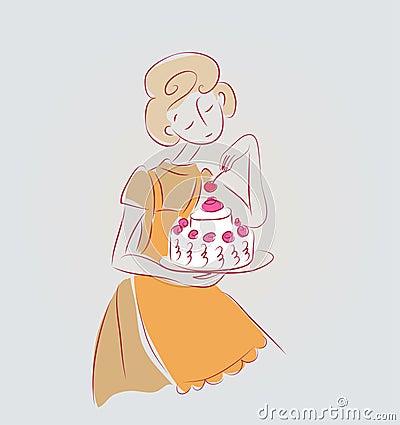 Cooking girl vector illustration with cake isolated doodle sketch Cartoon Illustration