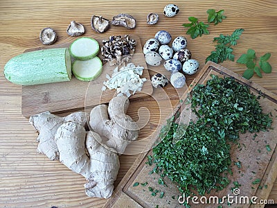 Cooking goutweed squash with mushrooms omelette Stock Photo