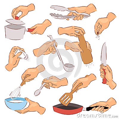 Cooking hands vector chef preparing food on frying pan using kitchenware or cookware illustration set of hand with bowl Vector Illustration