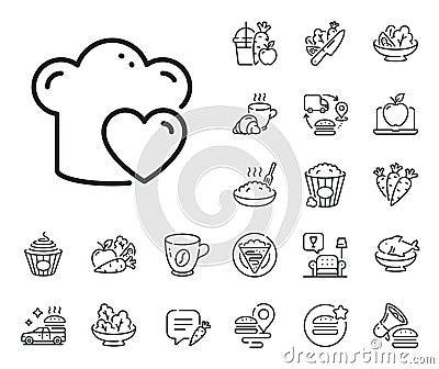 Cooking hat line icon. Chef sign. Food preparation. Crepe, sweet popcorn and salad. Vector Vector Illustration