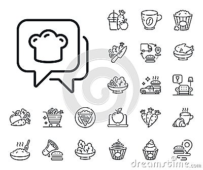 Cooking hat line icon. Chef sign. Food preparation. Crepe, sweet popcorn and salad. Vector Vector Illustration