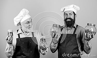 Cooking healthy. cheerful men hold food ingredients. prepare food. cuisine concept. healthy eating. professional cook Stock Photo