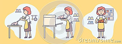 Cooking, Hobby Concept. Set Of Icons With Woman In Apron, Housewife Or Housekeeper Cooking, Spicing, Stuffing And Baking Vector Illustration