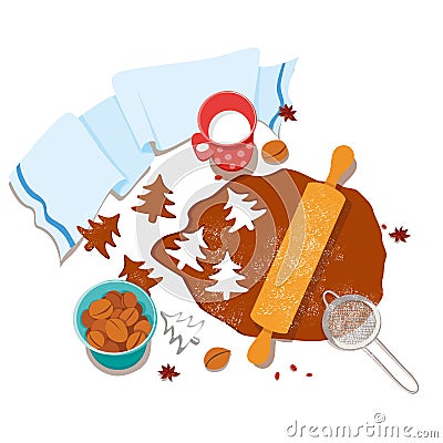 Cooking and icing ginger cookies. Vector Illustration