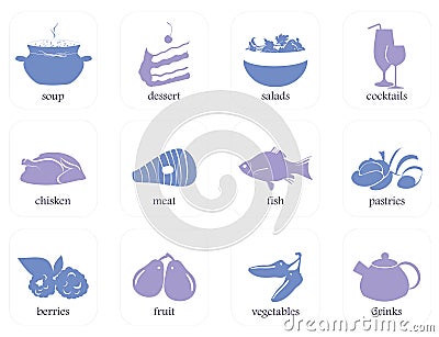 Cooking icons and labels. Icons for recipe books include logos desserts, salads, pastries, fish, meat, chicken, drinks, vegetables Vector Illustration