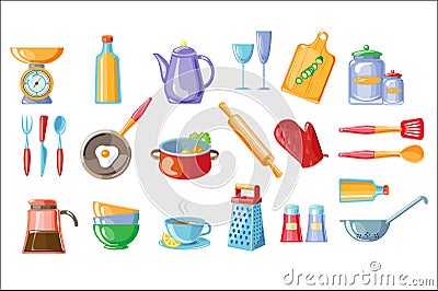 Cooking icons set, kitchen utensils with scales , frying pan, pot, teapot, grater, colander vector Illustrations on a Vector Illustration