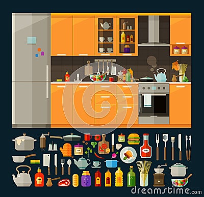 Cooking icons set. modern kitchen furniture and Vector Illustration