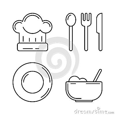 Cooking icons. Spoon, fork, knife, cooking pan, plates. Vector icons Vector Illustration