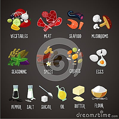 Cooking ingredients isolated colors icons set. Food. Meat and vegetables. Realistic vector illustration. Vector Illustration