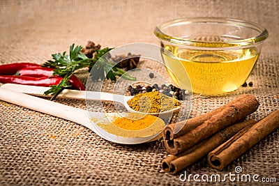 Cooking ingredients, spices, herds and oil Stock Photo