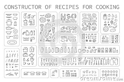 Cooking instruction icons of different food utensils and appliances for kitchen. Step guide constructor set line art Vector Illustration