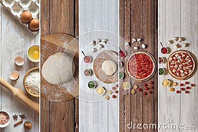 Cooking Italian pizza with mushrooms food collage Stock Photo