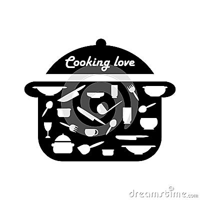 Cooking, kitchen sticker. Kitchen utensils icon or logo. Lettering Cooking love. Vector illustration Vector Illustration