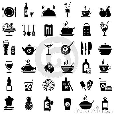 Cooking, kitchen tools, food and drinks icons Vector Illustration