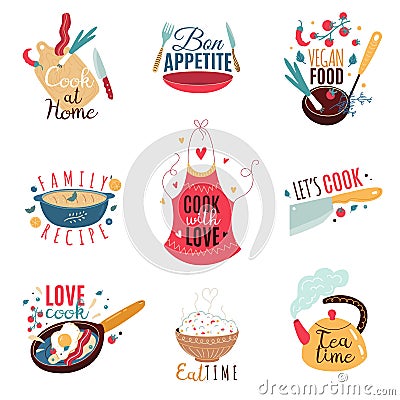 Cooking labels. Kitchen culinary design stickers with inscription text, dishes and cookware with letters, restaurant Vector Illustration