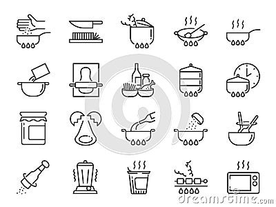 Cooking line icon set. Included icons as kitchen, Bake, Boil, BBQ, Fry, Stew and more. Vector Illustration