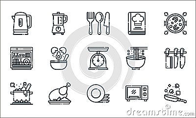 cooking line icons. linear set. quality vector line set such as pan, plates, cooking, microwave, chicken, dishwasher, noodle, Vector Illustration