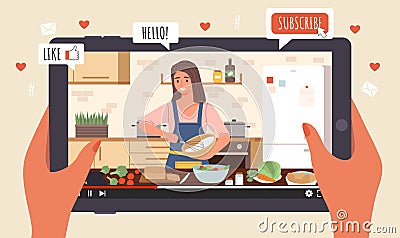 Cooking Live Streaming. Hands hold tablet with video, blogger prepares meal online, woman cooks homemade food, apps Vector Illustration