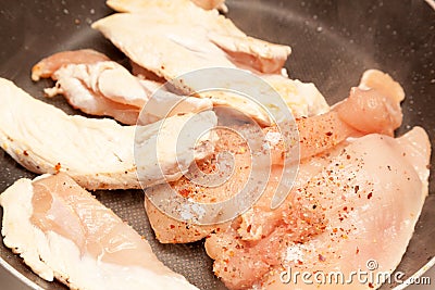 Cooking meat in a frying pan Stock Photo