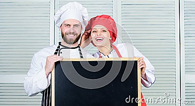 Cooking menu for today. List ingredients cooking dish. Family restaurant. Opening soon. Hiring staff. Woman and man chef Stock Photo