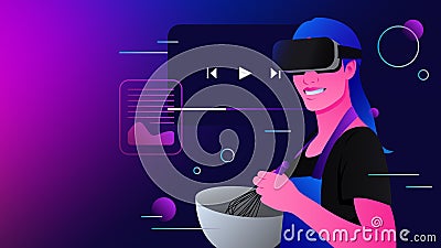 Cooking in Metaverse. Food Blog, Video Content in Virtual Reality Vector Illustration