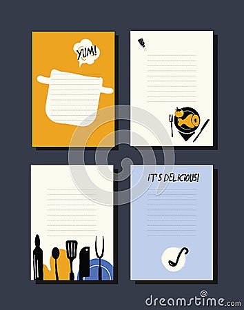 Cooking notes. Set of templates with illustration of kithcen utensils and food. Vector Illustration