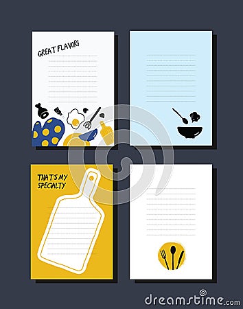 Cooking notes. Set of templates with illustration of kithcen utensils and food. Vector Illustration