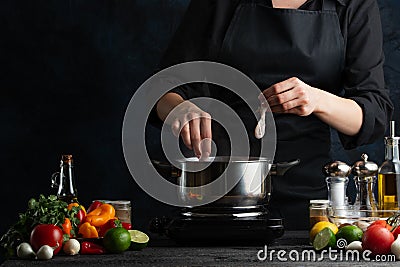 Cooking octopus dish, cooking process, seafood cooking, octopus recipes Stock Photo