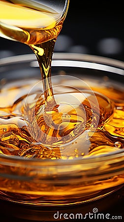 Cooking oil delicately cascades into a glass bowl in a captivating closeup Stock Photo