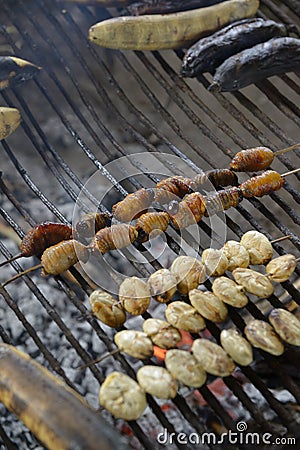 Cooking palm grubs, Kichwa community of Sani Isla in the Ecuadorean Amazon Stock Photo