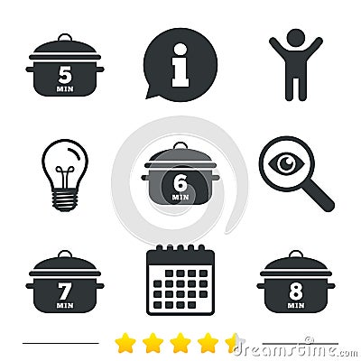 Cooking pan icons. Boil five, eight minutes. Vector Illustration
