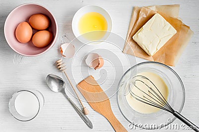 Cooking pancake on white background top view ingredients for making Stock Photo