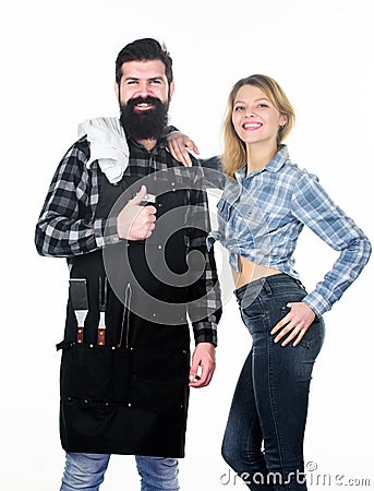 Cooking with passion. Family weekend. Man bearded hipster and girl. Preparation and culinary. Tools for roasting meat Stock Photo