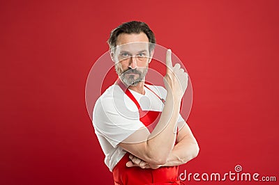 Cooking is passion. Man mature cook posing cooking apron. Fine recipe. Ideas and tips. Chief cook and professional Stock Photo